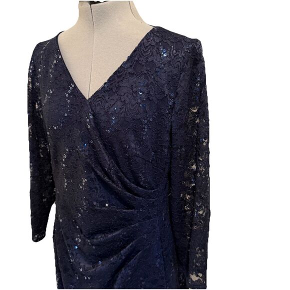 Ralph Lauren‎ Blue Midi Long Sleeves dress lace and sequins sz 14 Ruched Waist - Picture 3 of 9